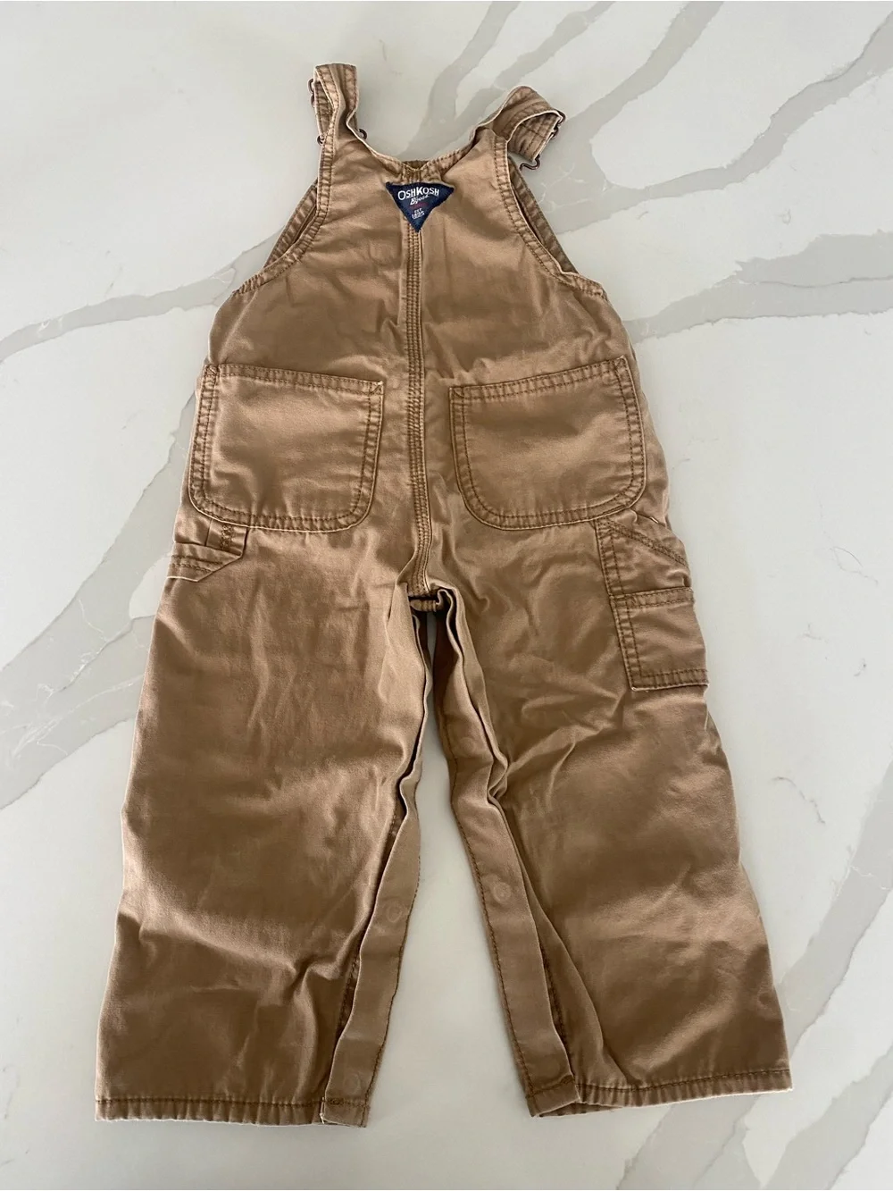 OshKosh B'gosh tan khaki Cotton Canvas carpenter Bib Overalls 24 Months